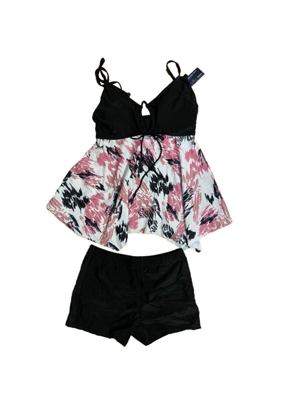 Summer Mae Women's Two Piece Swimdress Tankini Black Top Flowy Hem Size Medium